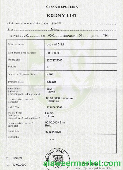 Czech birth certificate fully editable template in PSD format